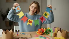 Žena tvoří barevné papírové dekorace na stole, kreativní domácí tvoření, DIY dekorace.