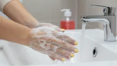 Mytí rukou mýdlem pod tekoucí vodou v koupelně, hygiena a zdraví.