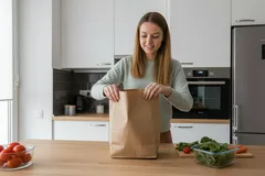 Žena otevírá papírovou tašku s potravinami v moderní kuchyni, zdravé vaření doma.